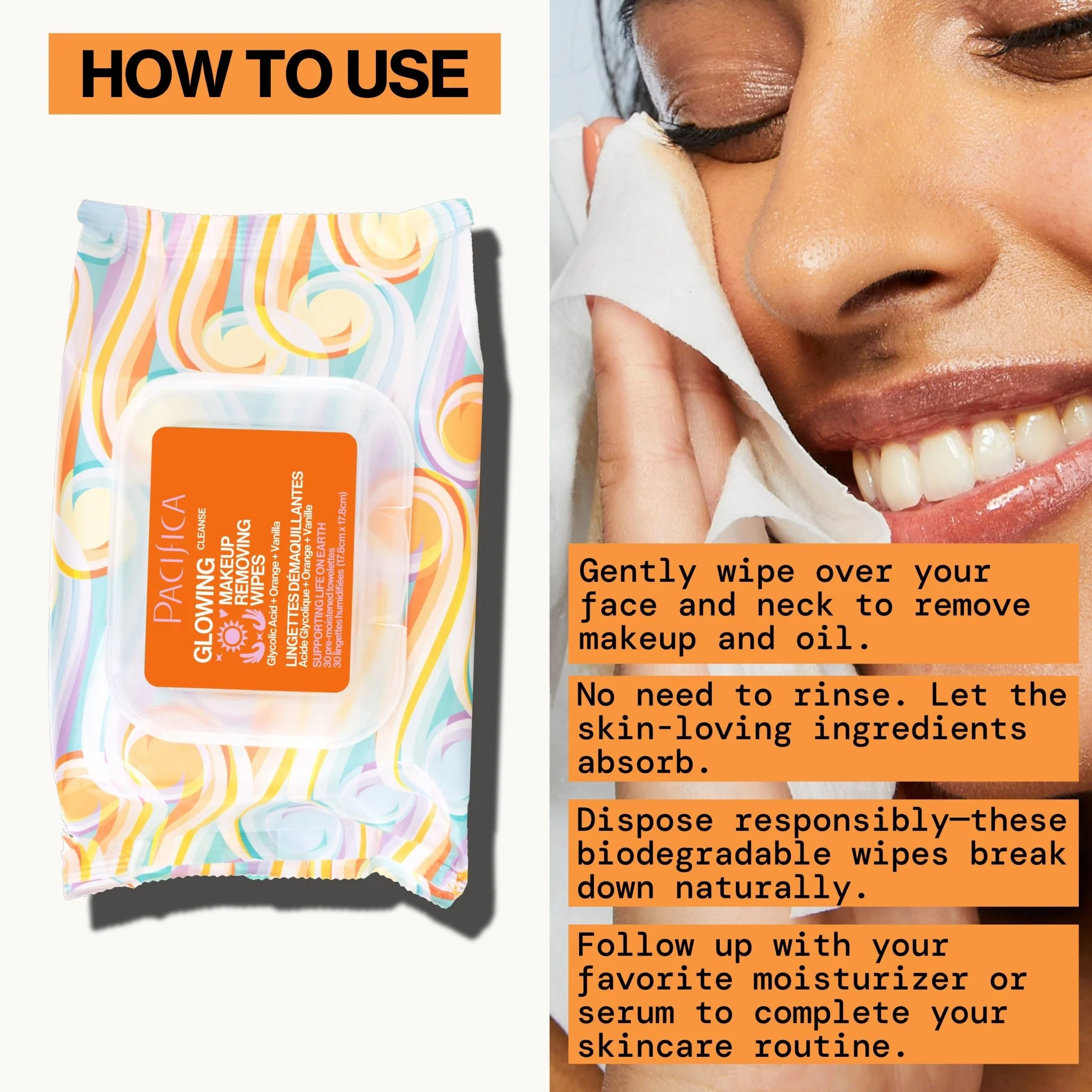 Glowing Glycolic Acid, Orange & Vanilla Makeup Removing Wipes - Image 8